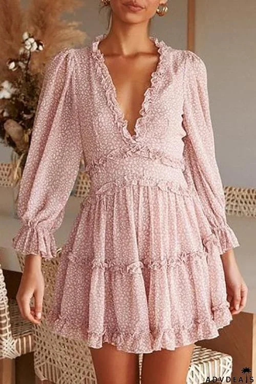 Print V Neck Backless Mini Dress