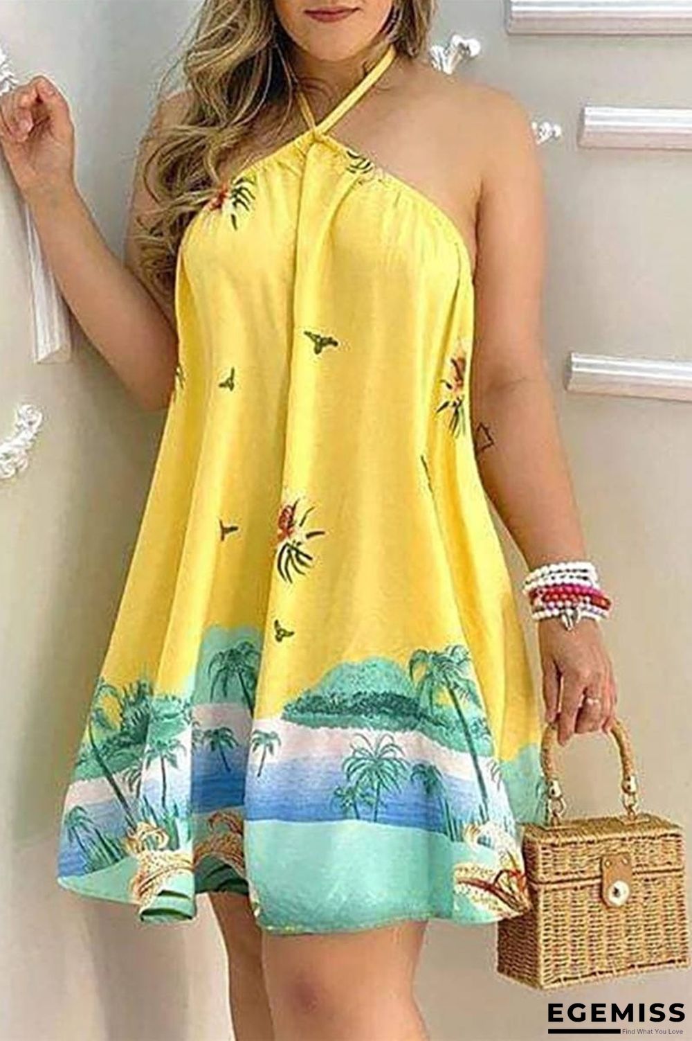 Yellow Fashion Casual Print Bandage Backless Halter Sleeveless Dress | EGEMISS