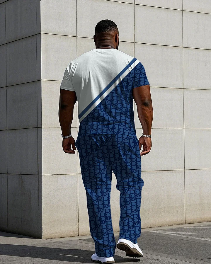 Men's Plus Size Big Brand Blue & White Logo Design Pattern Jacquard Short Sleeve T-Shirt Pants Suit