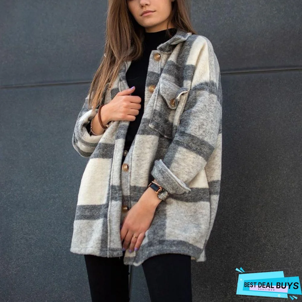 Long Sleeve Lapel Loose Plaid Casual Jacket
