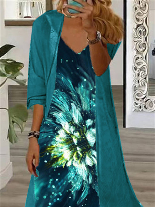 Women's Long Sleeve V-Neck Floral Sequins Printed Graphic Two Piece Suit Maxi Dress
