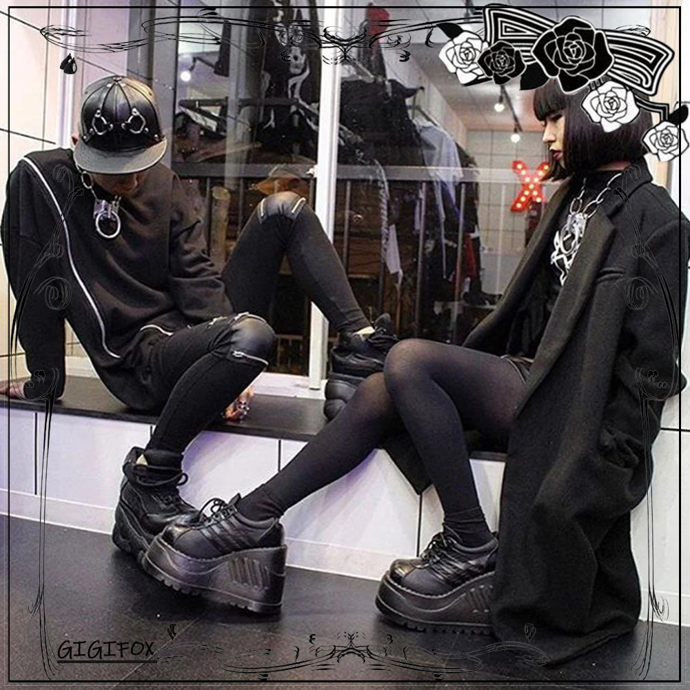Brand New Punk Street Fashion Black Gothic Style Girls Cosplay Platform High Heels Sneakers Wedges Shoes Woman Pumps Big Size 43