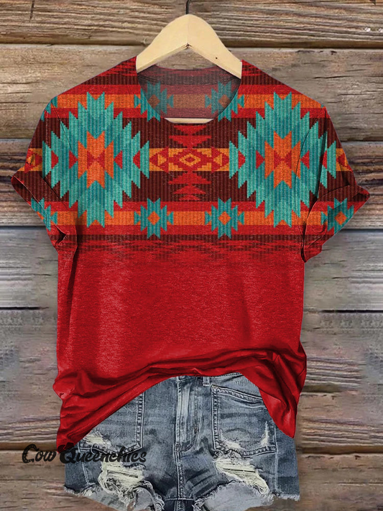 Vintage Aztec Art Print Casaul Short Sleeve T-shirt Multicolor / S