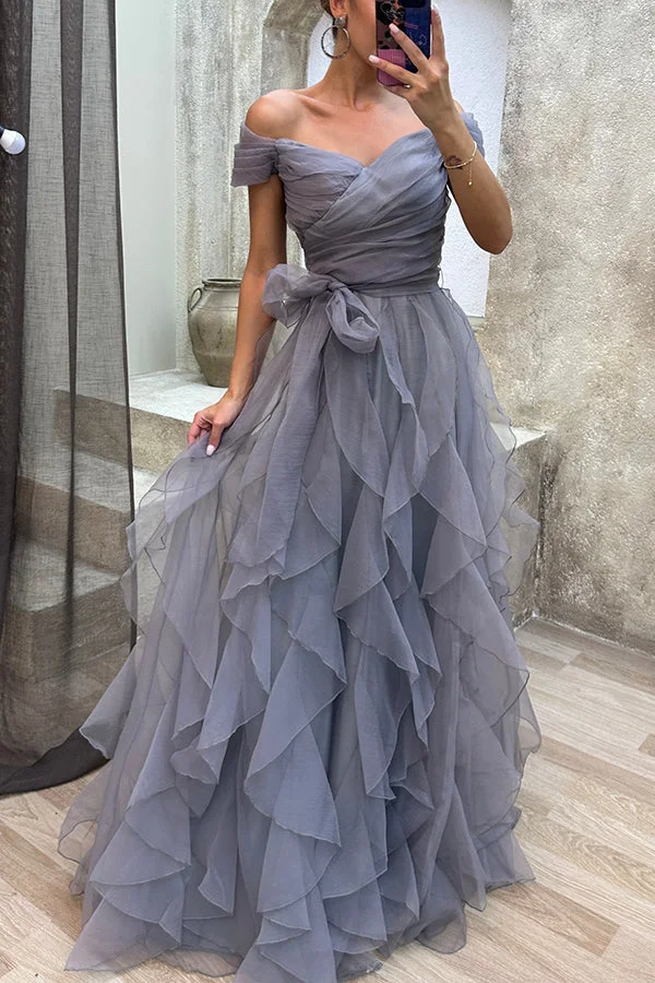 Pretty First Impression Tulle Off Shoulder Tiered Ruffle Evening Maxi Dress
