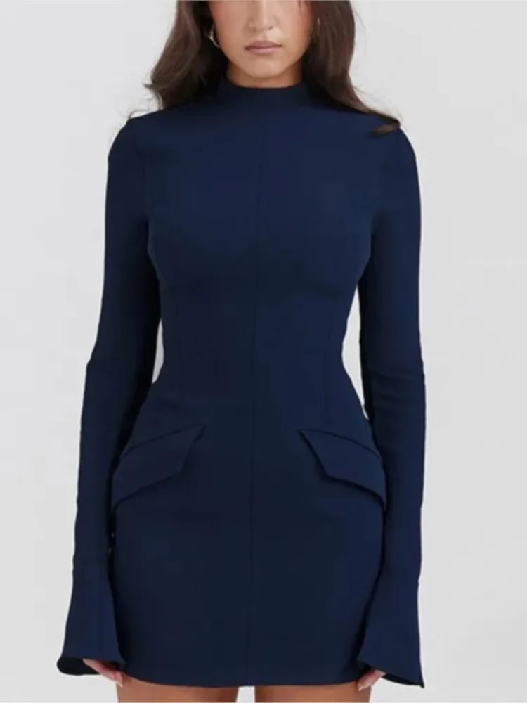 Elegant Dark Blue Solid High Waist Mini Dress Women Fashion Pocket decora Long Sleeve Bodycon Dresses Chic Party Club Robes