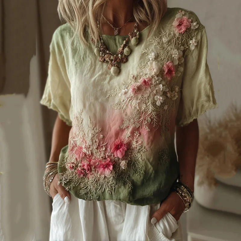 Vintage Floral Gradient Pattern Linen Comfy T-shirt