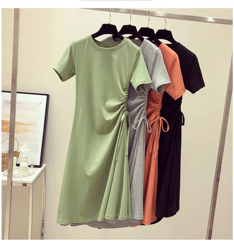 Uveng Uveng Green Dress 2024 Summer New Ins Waist Show Thin Rope Foreign Korean Version Student T-Shirt Skirt Female