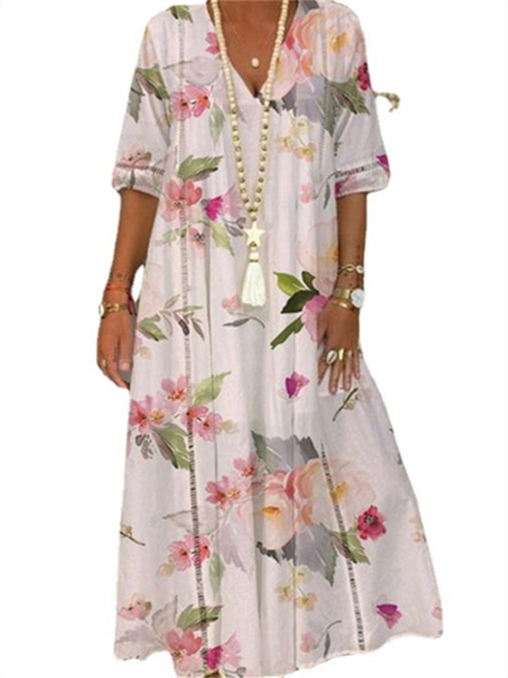 Spring and Summer New V-neck Mid-sleeve Urban Casual Women's Long Dress Printed Elegant Commuter Style Dress S,M,L,XL,XXL