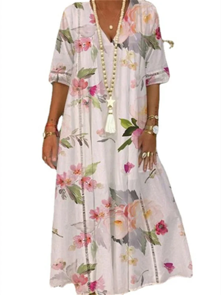 Spring and Summer New V-neck Mid-sleeve Urban Casual Women's Long Dress Printed Elegant Commuter Style Dress S,M,L,XL,XXL