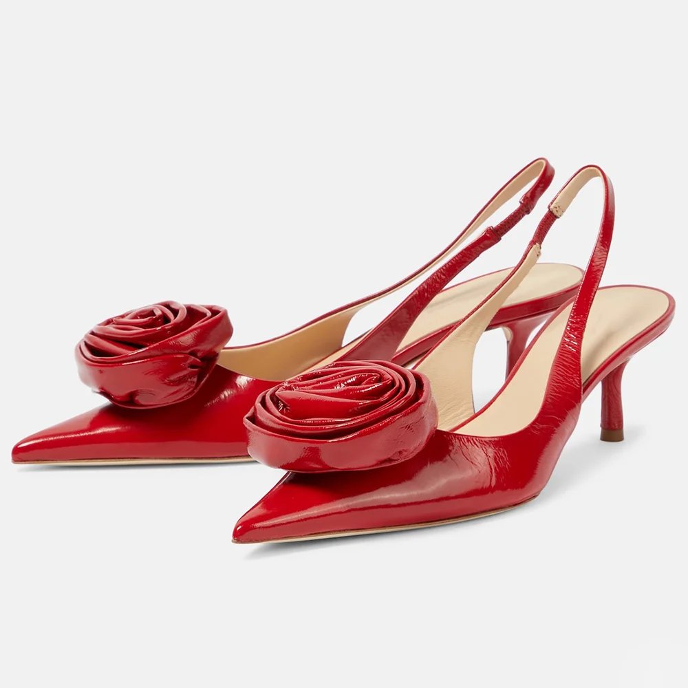 Red Patent Leather Closed Pointed Toe Slingback Pumps With Kitten Heels Nicepairs