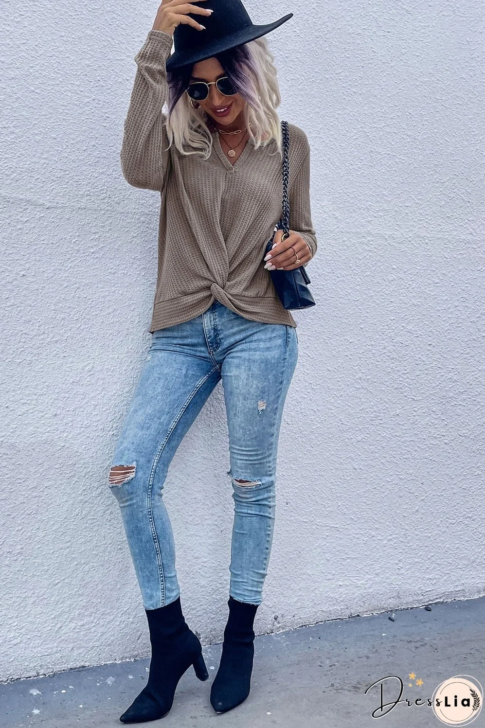 Twist Front Long Sleeve Waffle Knit Top