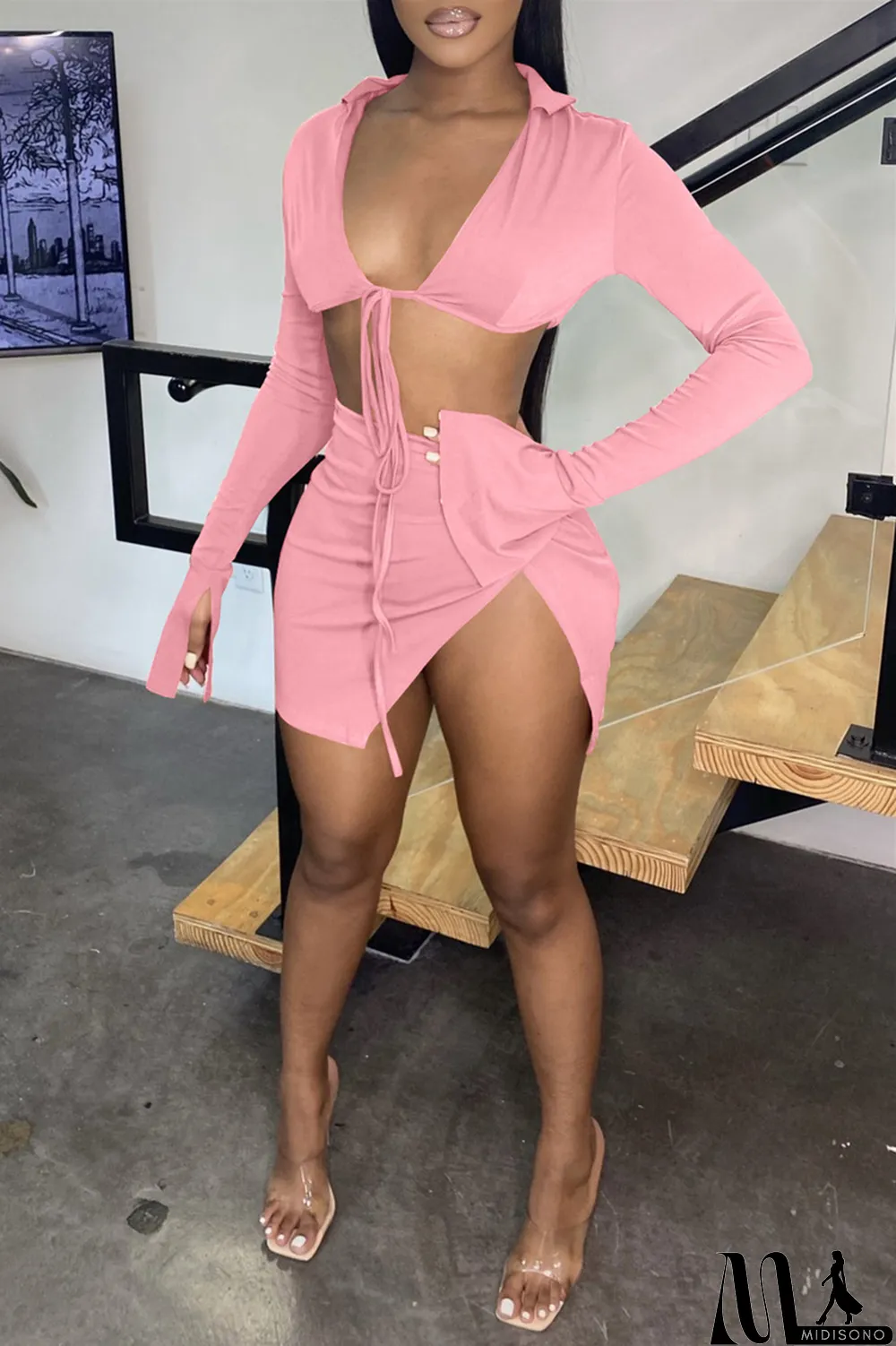 MidiSono - Khaki Sexy Casual Solid Bandage Slit V Neck Long Sleeve Two Pieces