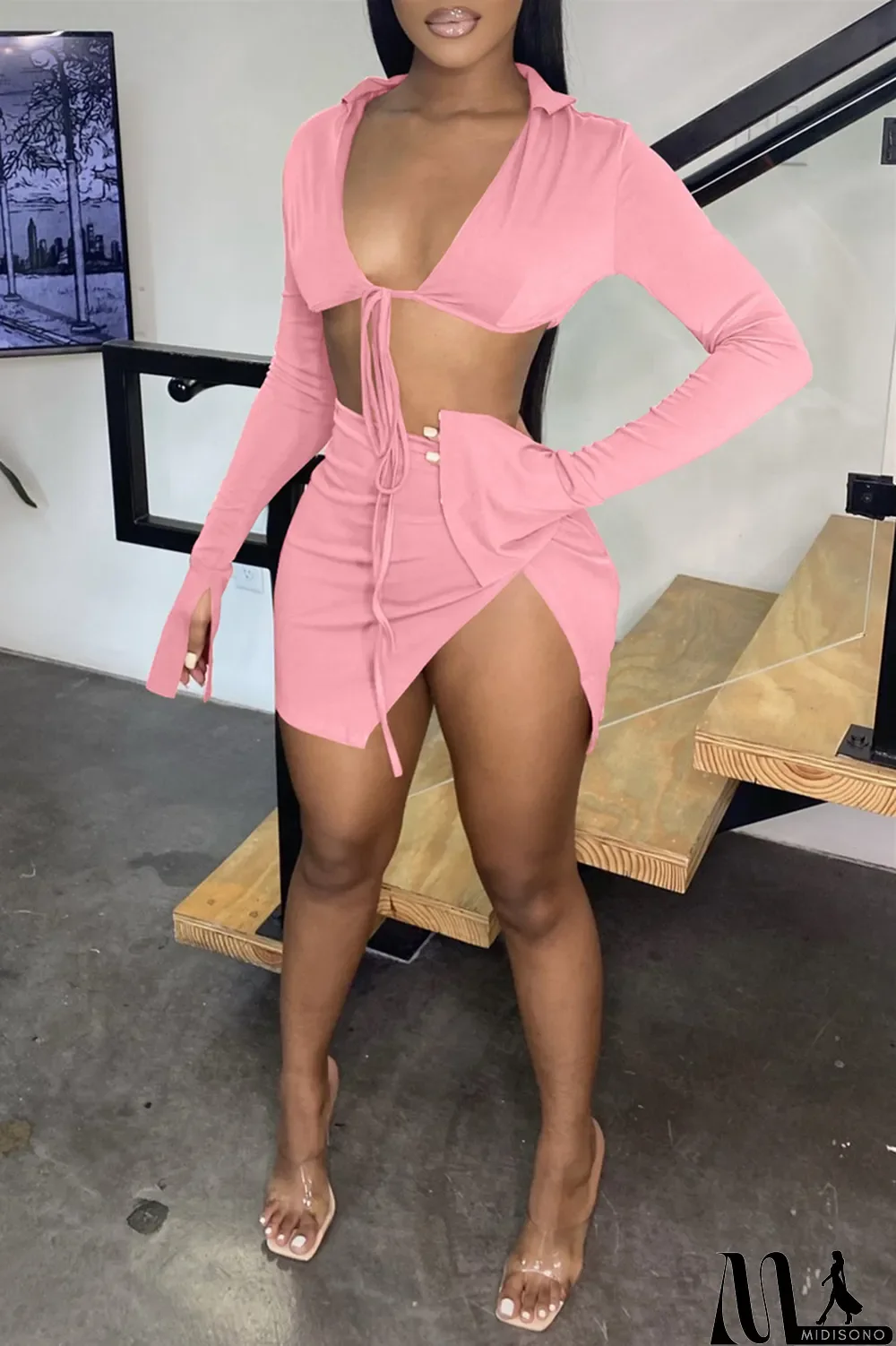 MidiSono - Khaki Sexy Casual Solid Bandage Slit V Neck Long Sleeve Two Pieces