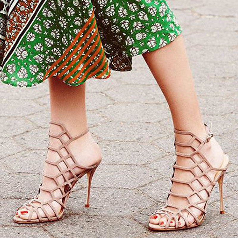 VCSHOES Leather Cutout Buckle High Heel Sandals