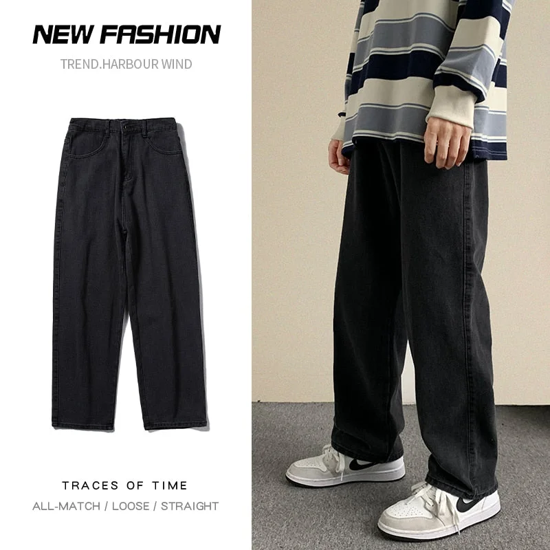 Aonga  Autumn New Streetwear Baggy Jeans Men Korean Fashion Loose Straight Wide Leg Pants Male Brand Clothing Black Light Blue
