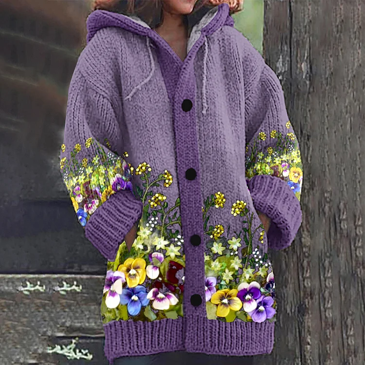 Wearshes Pansy Floral Art Cozy Casual Hooded Long Cardigan