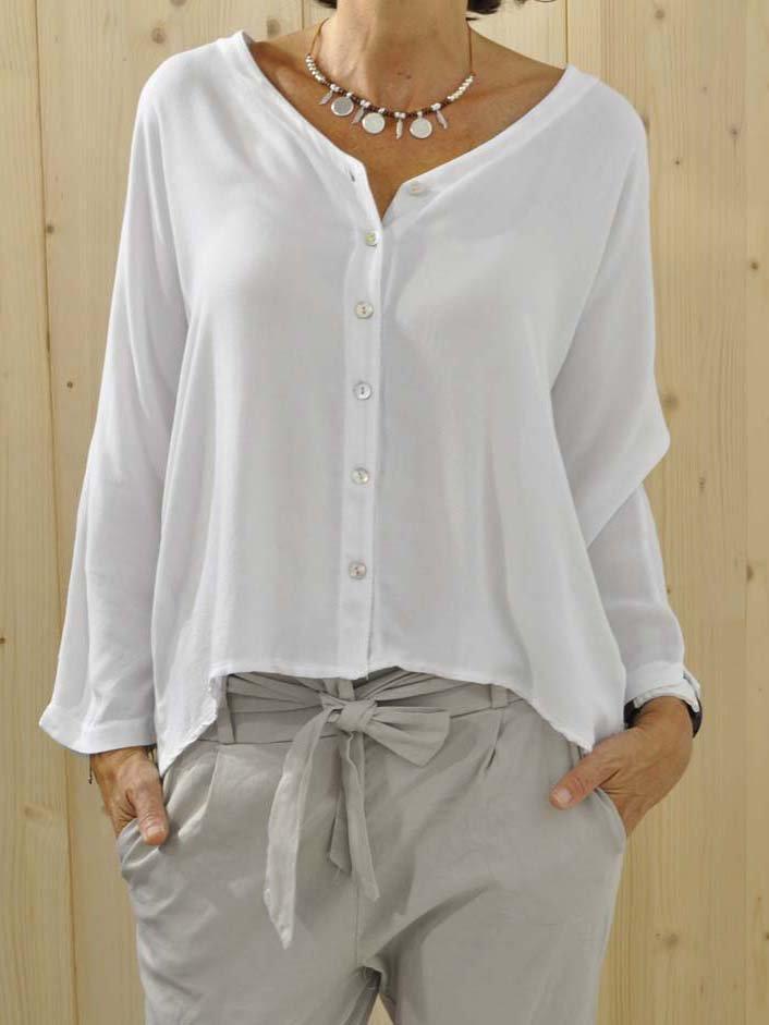 Plus Size Solid Long Sleeve Buttoned V-Neck Shirts