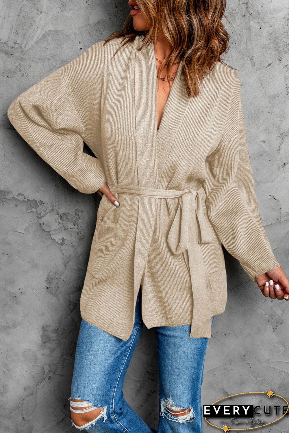 Apricot Robe Style Rib Knit Pocketed Cardigan with Belt