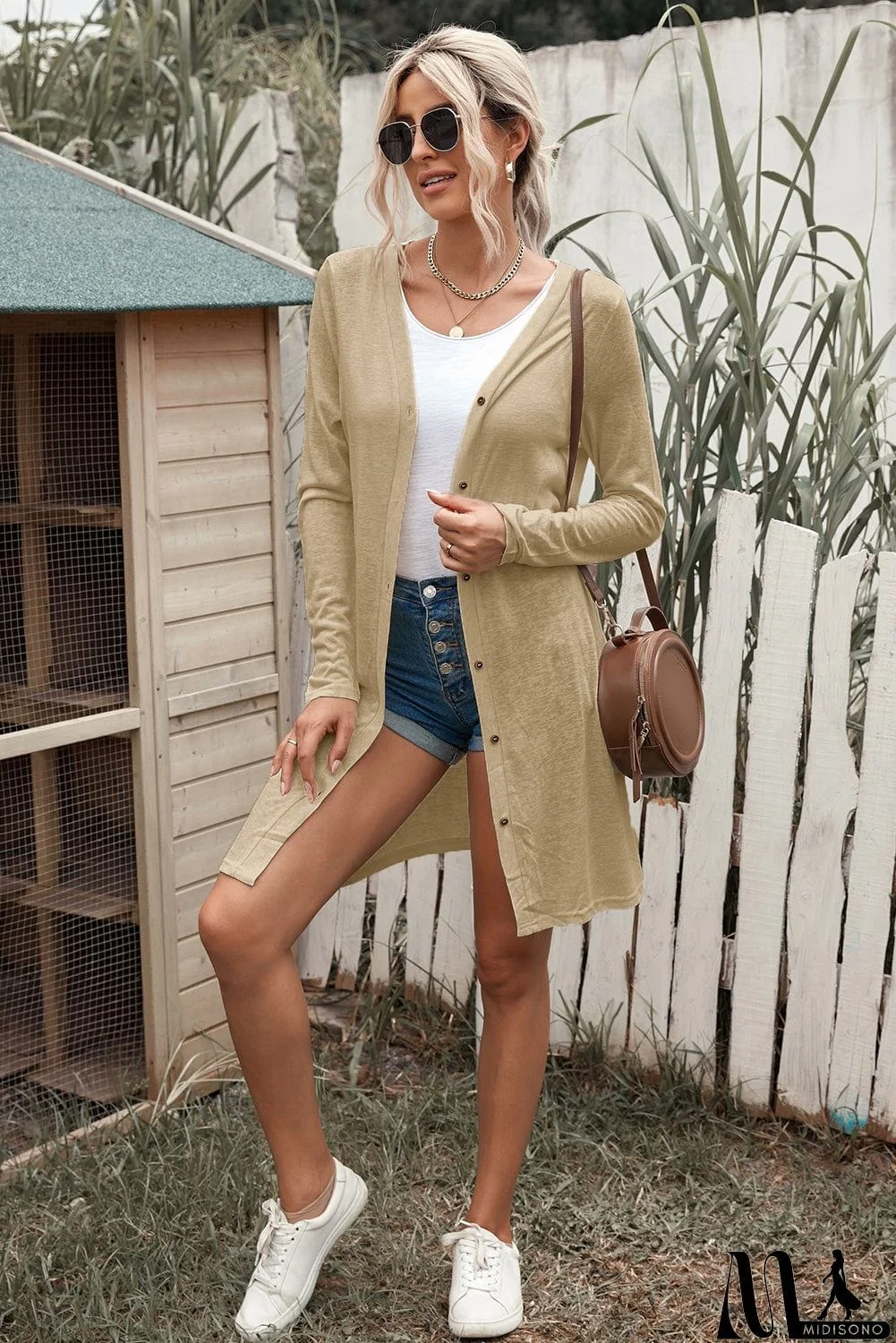 MidiSono - Button Down Long Sleeve Longline Cardigan