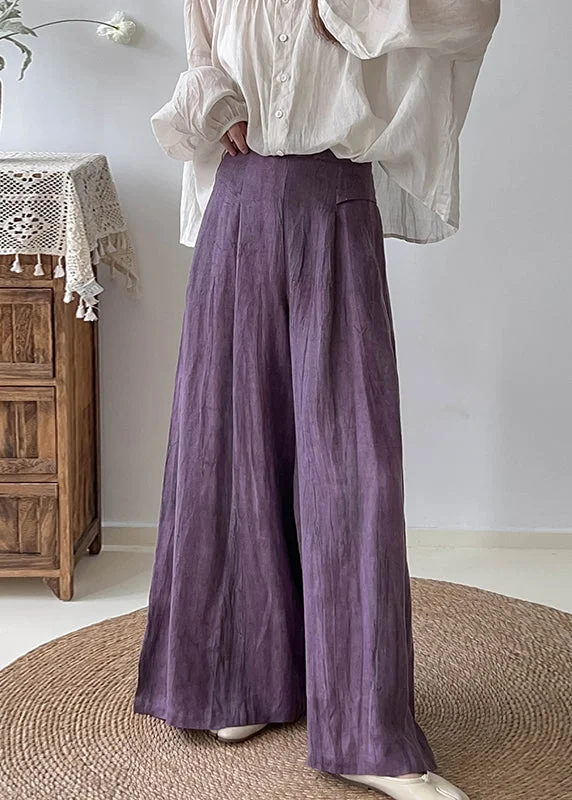Style Purple High Waist Tie Dye Linen Wide Leg Pants Trousers Fall