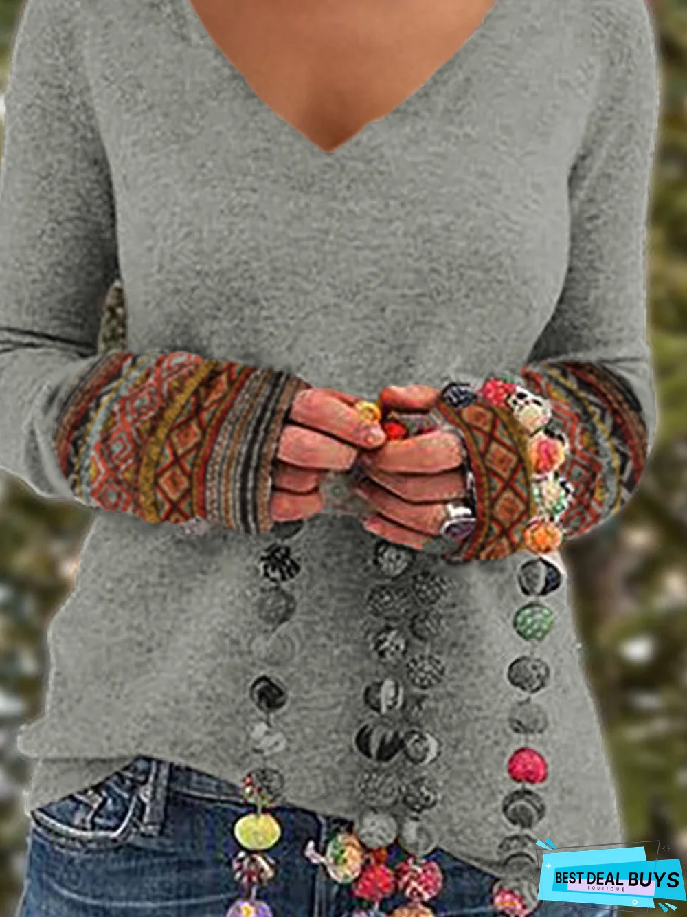 Boho Tribal Geometric V Neck Cotton Blends Loosen Long Sleeve T-shirt