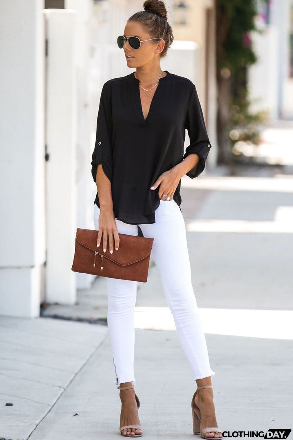 Split Collar Roll Up Sleeve Blouse