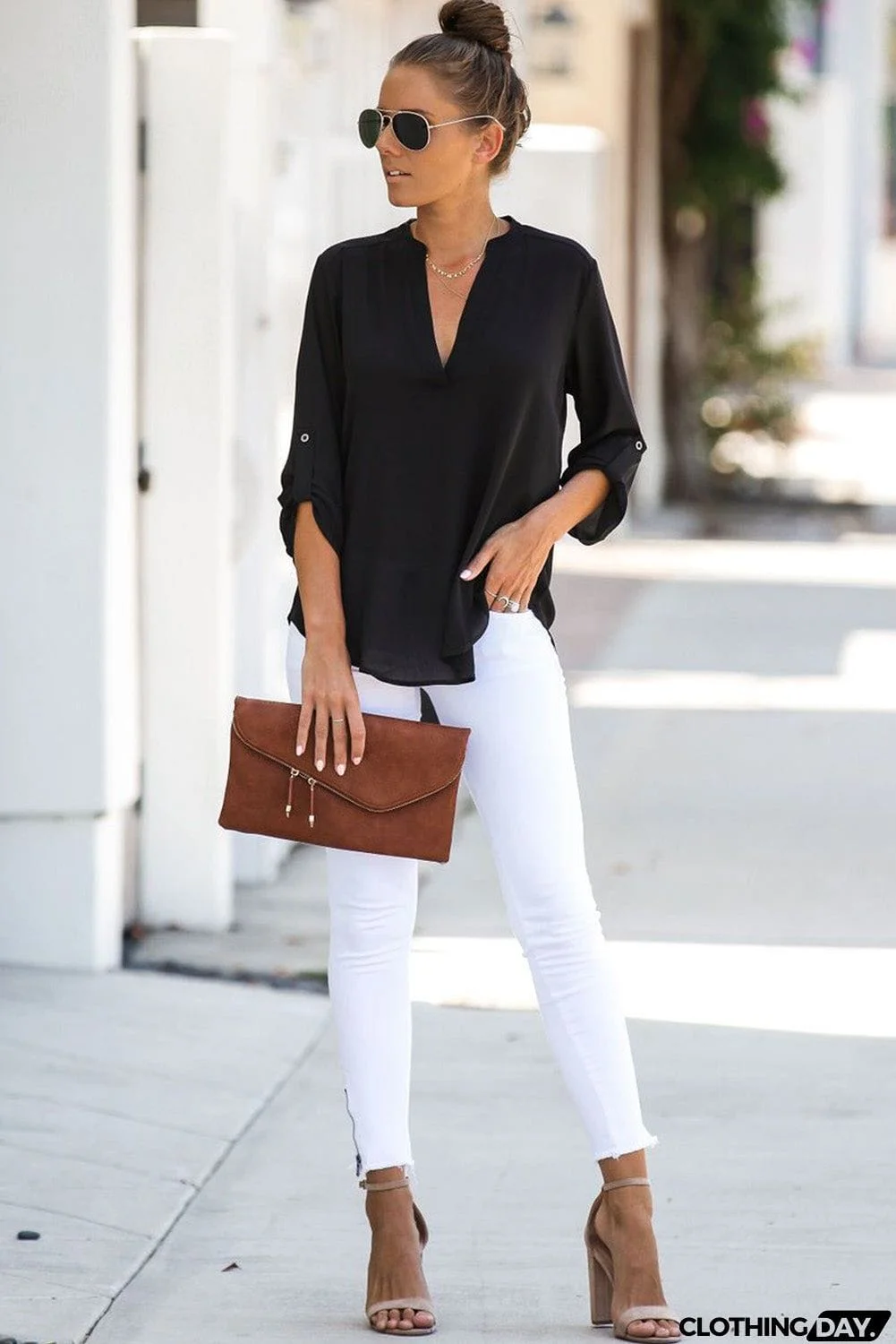 Split Collar Roll Up Sleeve Blouse