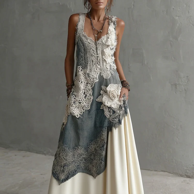 Women's White Rose Embroidered Gradient Casual Sleeveless Dress