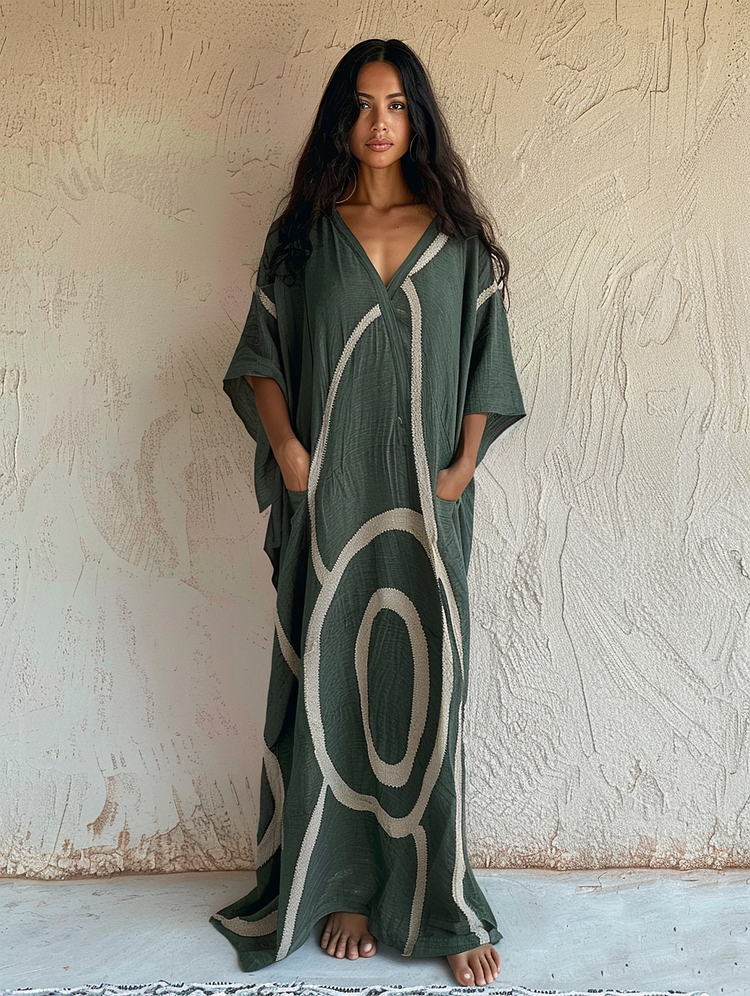 Linen Printed Kaftan Maxi Dress
