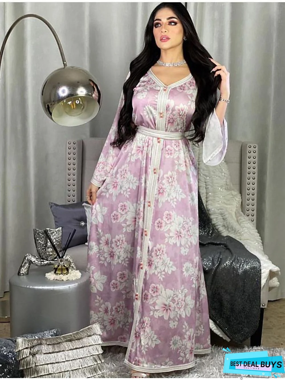 Women's Shift Dress Maxi long Dress Long Sleeve Floral Print Fall Spring Casual Purple