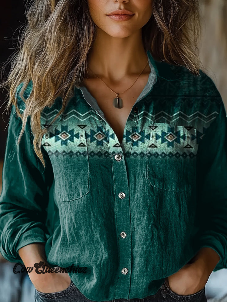 Women&rsquo;s Vintage Green Aztec Art Print Casual Long Sleeve Comfortable Cotton Shirt Multicolor / S