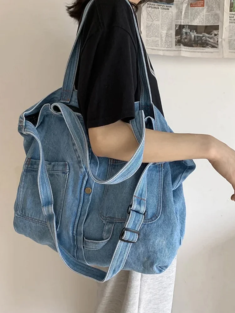 Casual Denim Solid Pocket Large Handbag Shoulder Bag