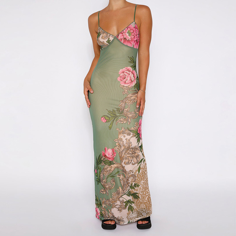 Ootddress Printed Slim Halter Dress Female Casual Backless Summer V-Neck Maxi Dress Elegant Fashion Sleeveless Women Party Dress