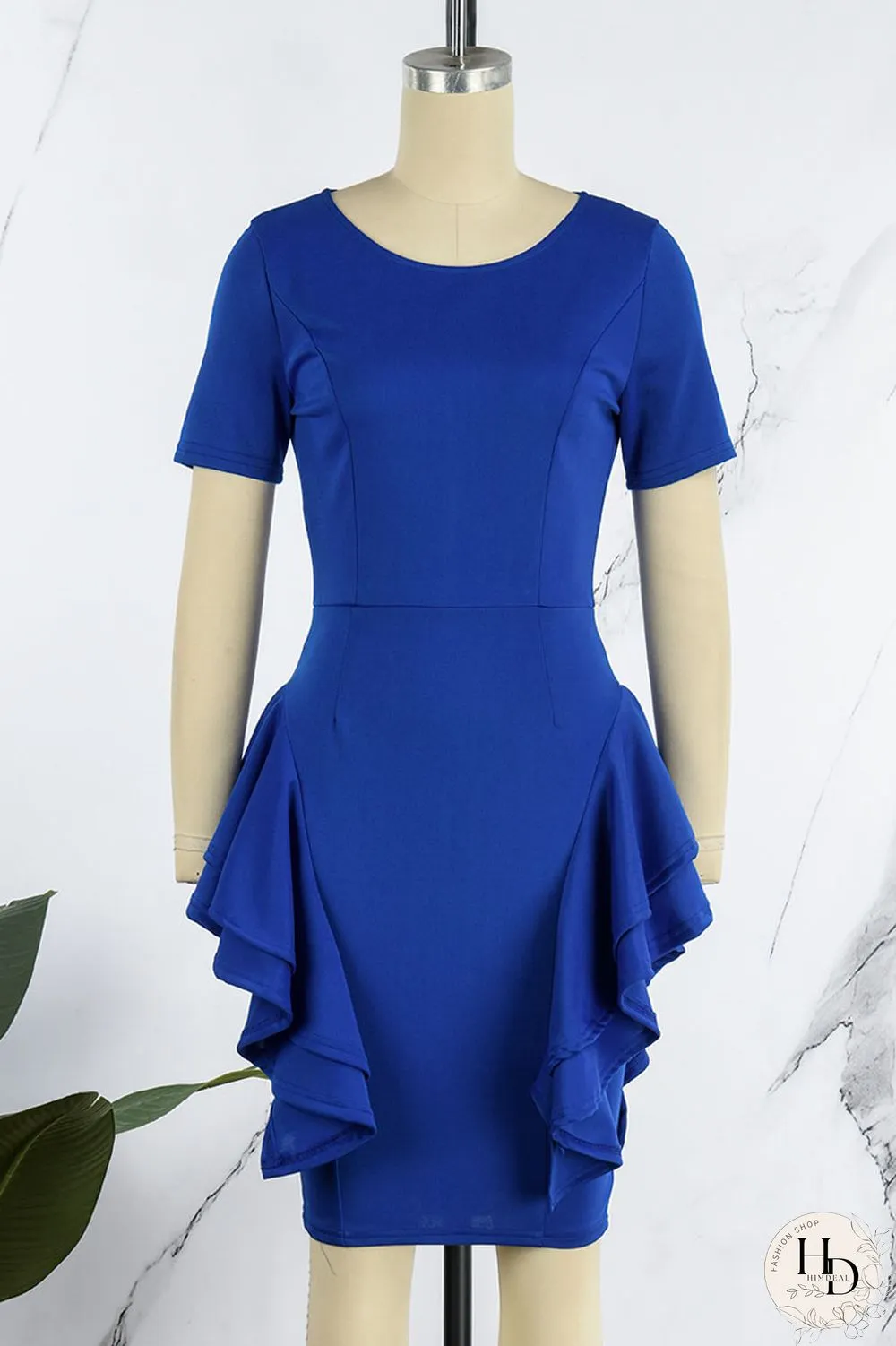 Blue Elegant Solid Patchwork Flounce O Neck Pencil Skirt Dresses(Without Belt)