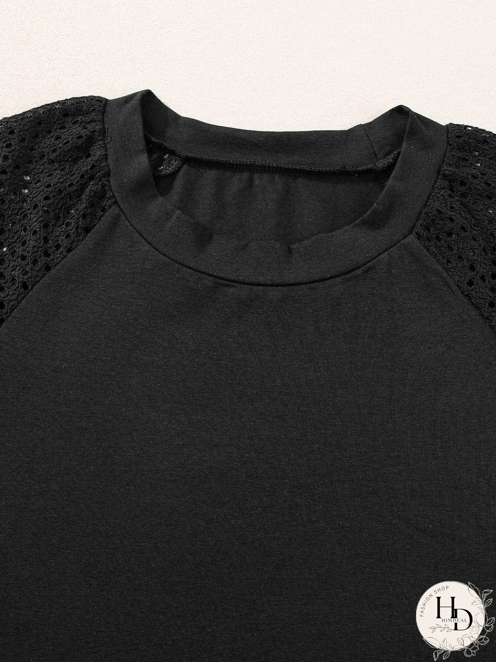 Elegant Black Lace Detail Pointelle Half Sleeve Tee