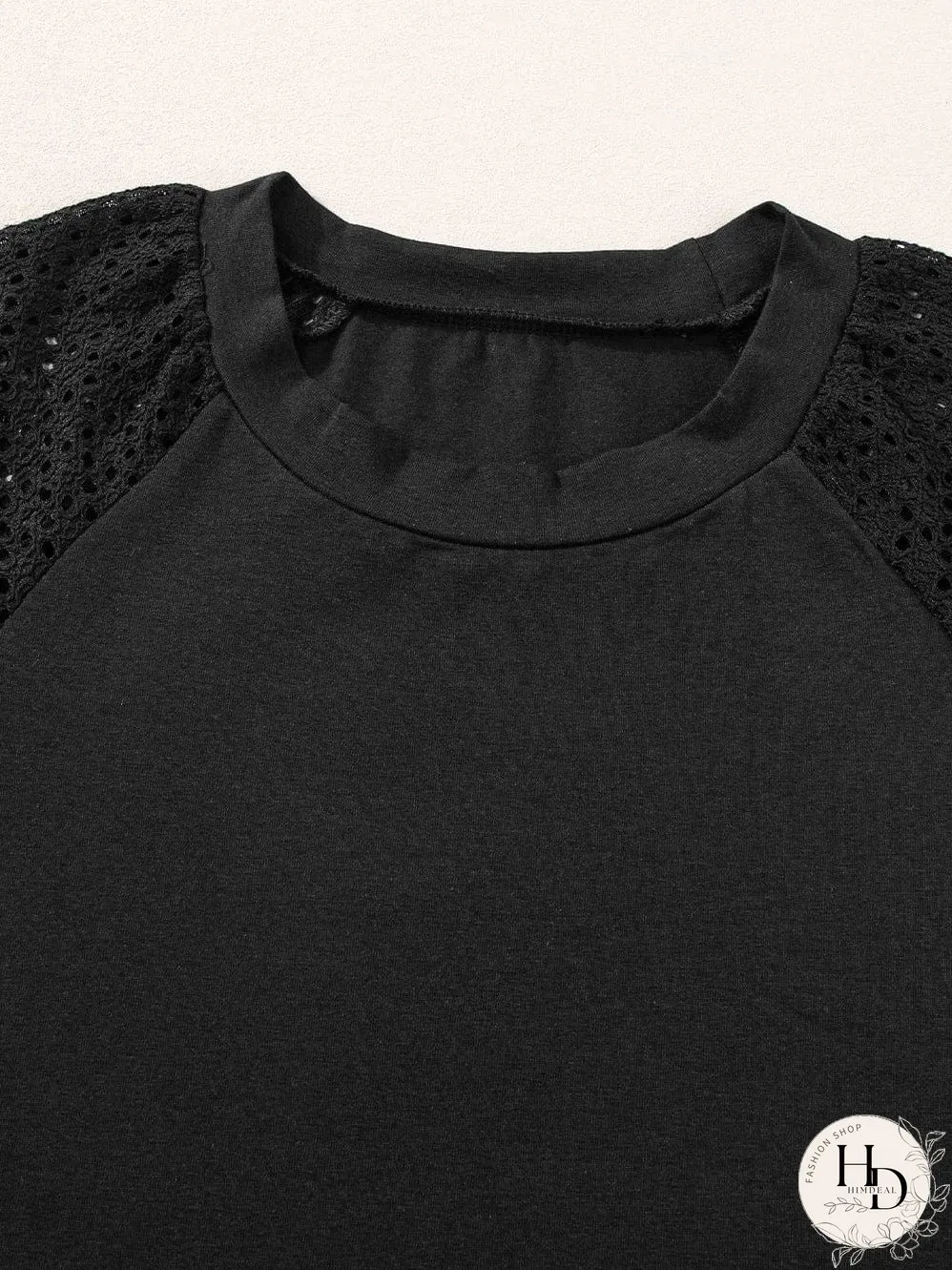 Elegant Black Lace Detail Pointelle Half Sleeve Tee