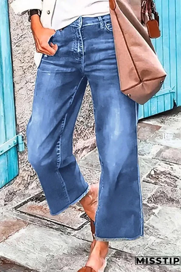 Stylish Raw-edge Mid-rise Pocket Stretch Straight-leg Jeans