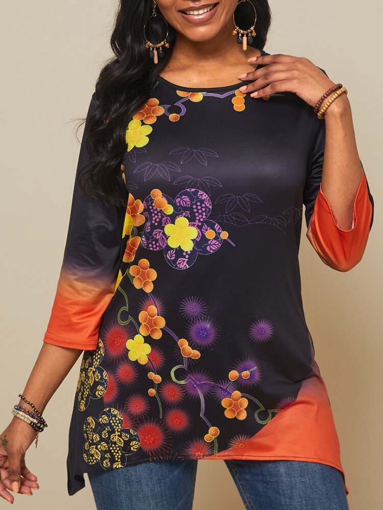 Vintage Flower Printed O neck Asymmetrical T shirt For Women P1726192