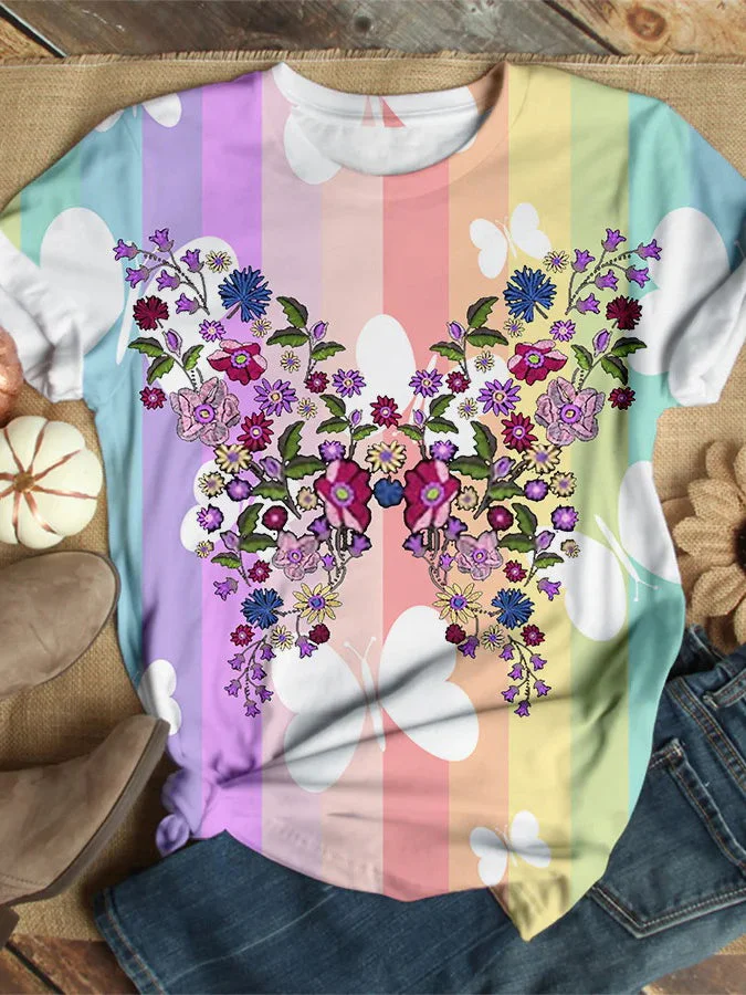 Contrast Stripe Floral Print Short Sleeve Top