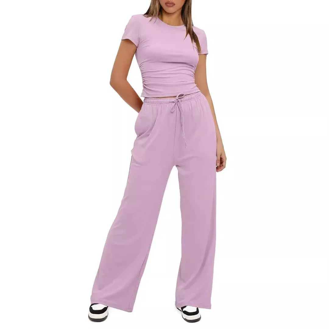 Nigikala Nigikala Suit Folding 2025 New Solid Short-Sleeved Top High-Rise Broad Leg Pants Sportswear