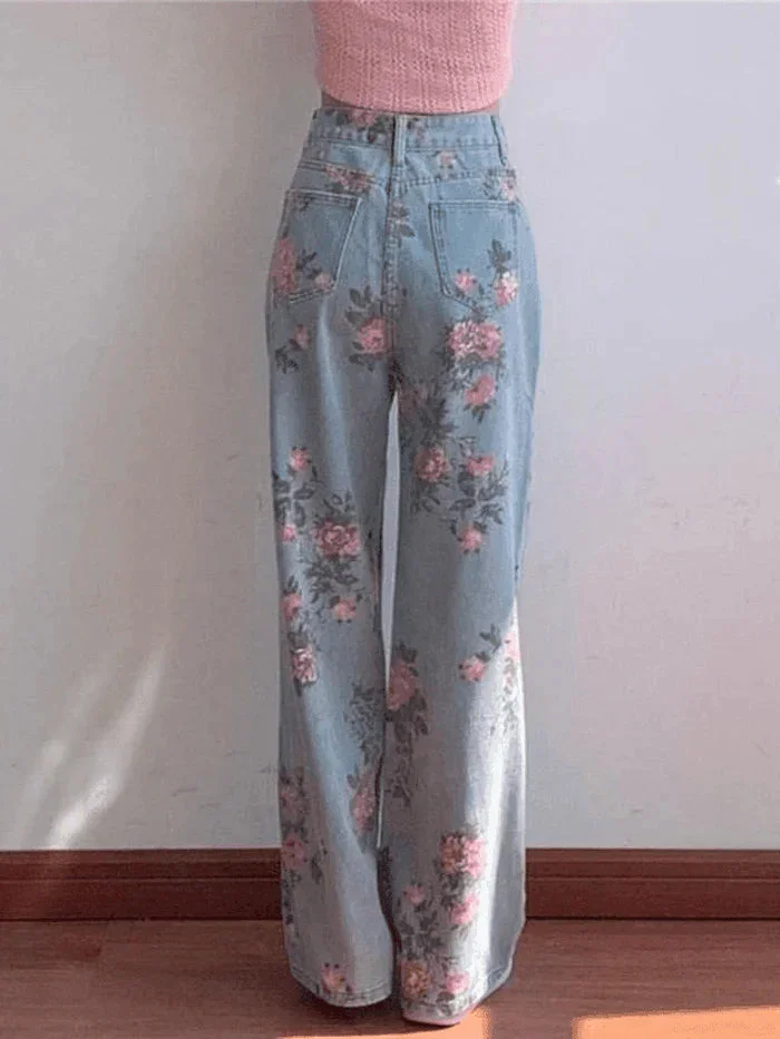 Brownm High Waisted Floral Boyfriend Jeans