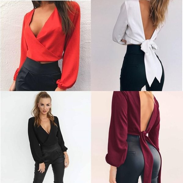 Women Sexy Casual Back Open Back Backless Wrap Chiffon Blouse Female Crop Top V Neck Long Sleeve Bow Shirt - BlackFridayBuys