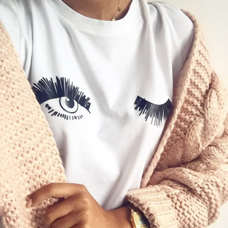 T Shirts Women Summer Causal Short Sleeve T Shirts Cotton Women White Round Neck Wink Eyes Print Cute Tee