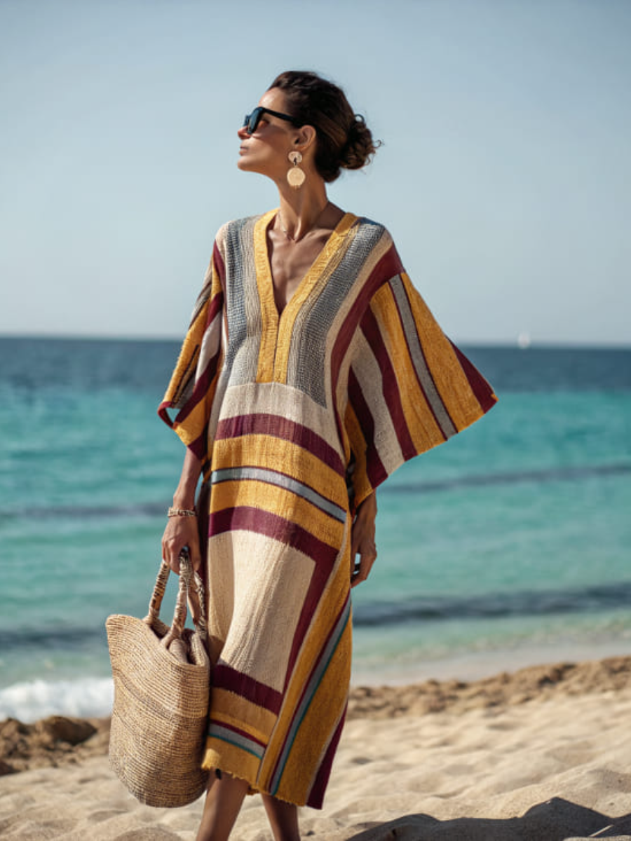 Cotton and linen women's V-neck long skirt