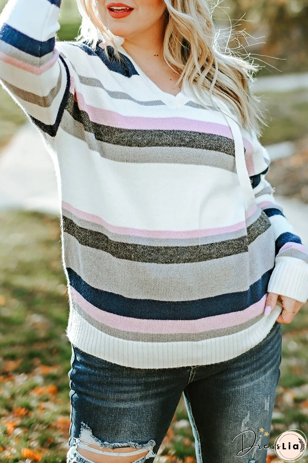 Plus Size Striped Hooded Knit Sweater