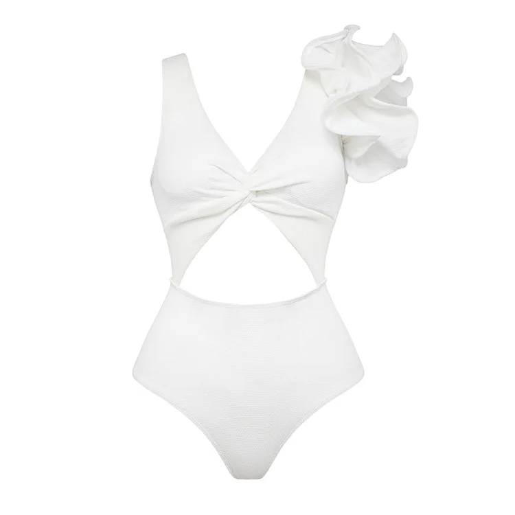 Flaxmaker Cutout Ruffle Solid White Pitted Fabric Sexy One Piece Swimsuit