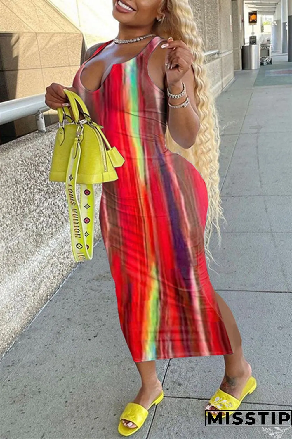 Deep Blue Fashion Sexy Print Tie Dye Slit U Neck Vest Dress