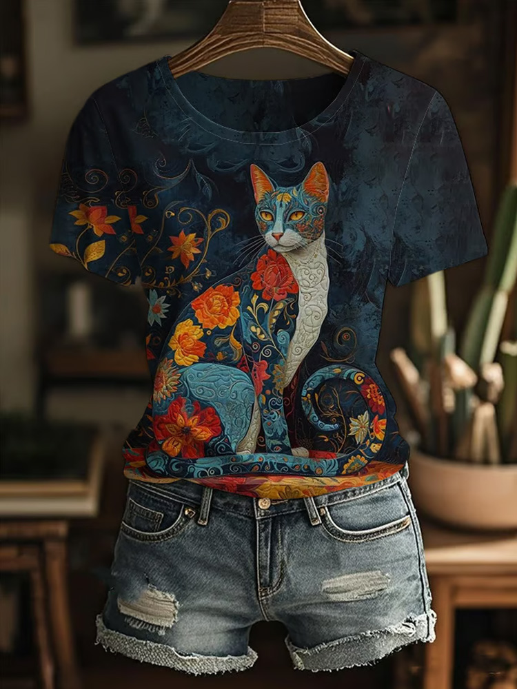 Comstylish Women's Casual Art Cat Print T-shirt