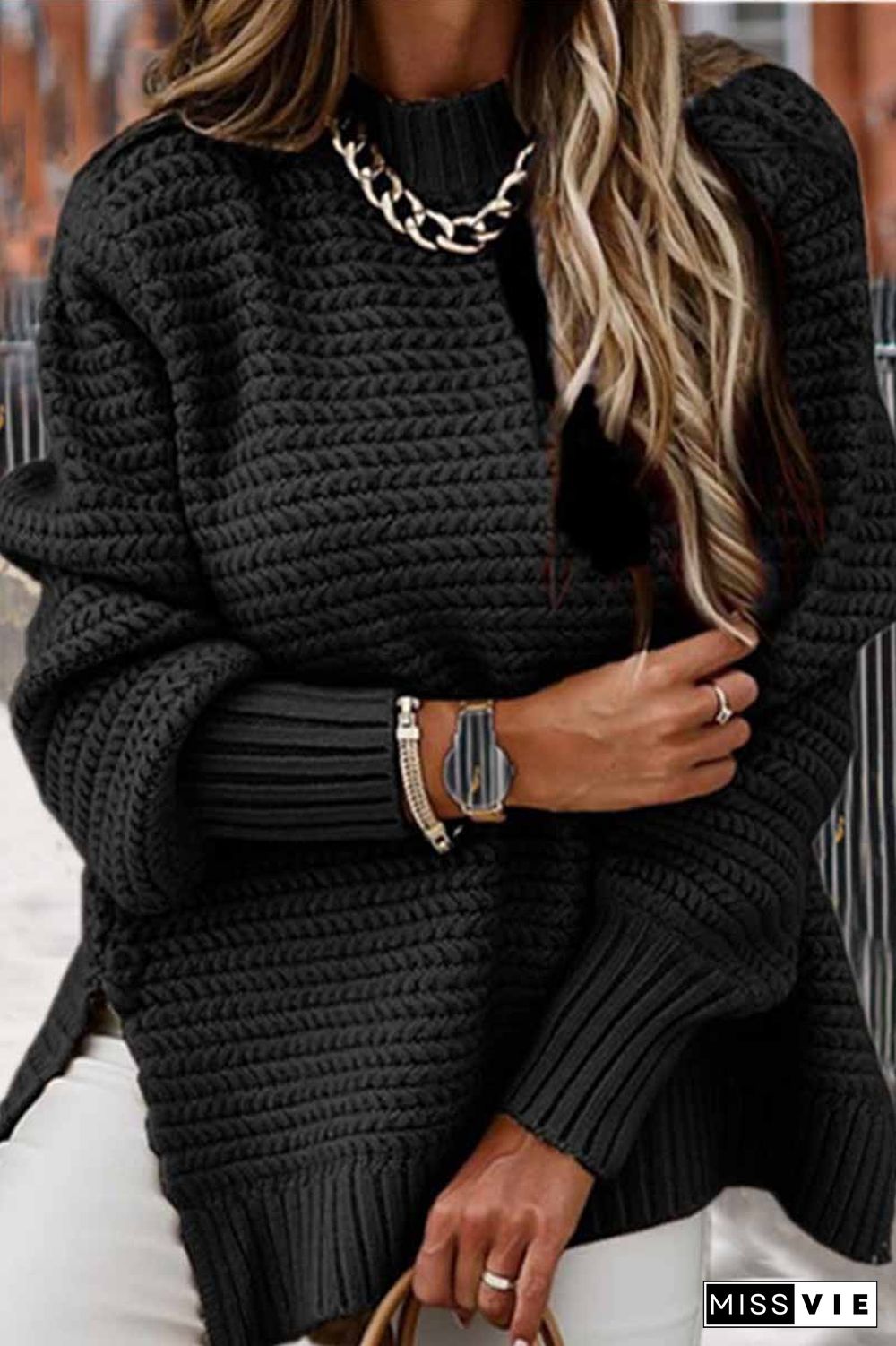 Half-high Neck Drawstring Knit Sweater