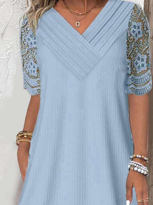 Women Half Sleeve V-neck Solid Color Dress